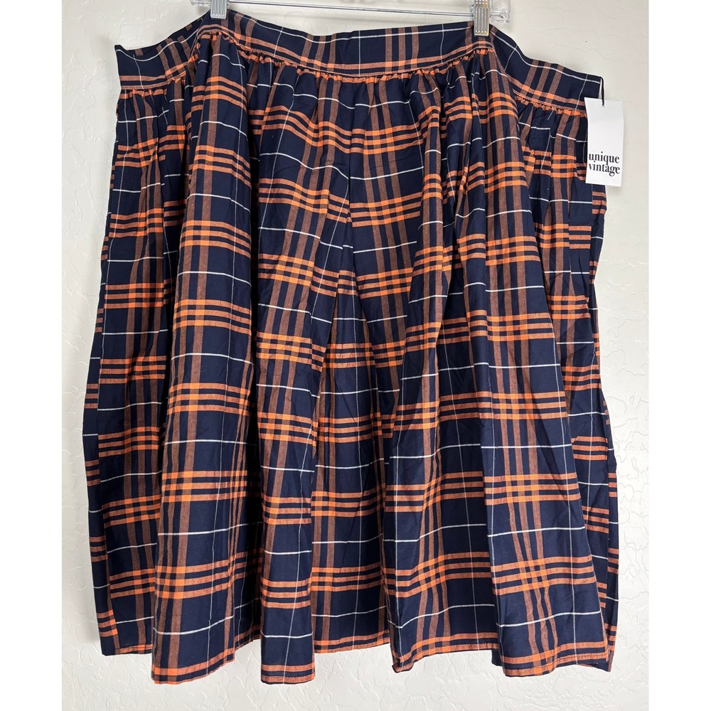 Unique Vintage Navy Orange Plaid Cotton Swing Skirt Pockets 5X 2154 - Picture 1 of 7